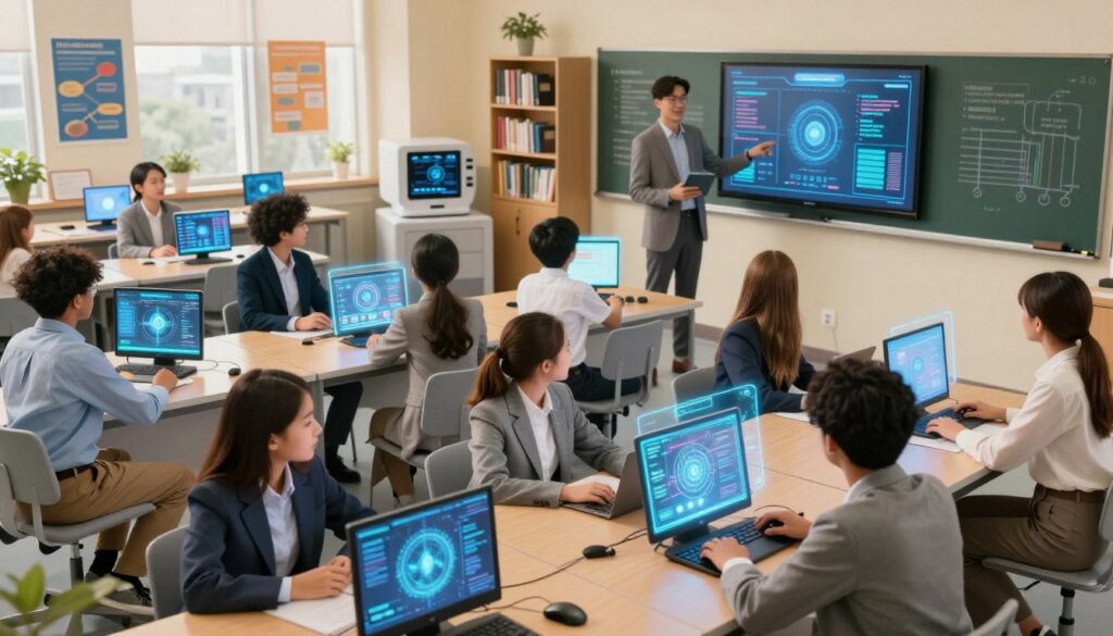 A vibrant classroom scene showcasing the integration of artificial intelligence in education. In the foreground, diverse students of various ethnicities, dressed in professional business attire, are engaged with advanced AI-powered learning devices and holographic displays. In the middle ground, a modern teacher facilitates the session, interacting with smart technology, including interactive whiteboards and tablets. The background features a futuristic classroom filled with AI-driven educational tools, bookshelves, and educational posters. Soft, warm lighting illuminates the space, creating an inviting and inspirational atmosphere. Use a slightly elevated angle to capture the dynamism and collaborative spirit of learning enhanced by technology, reflecting the transformative role of AI in education throughout history. The overall mood is optimistic and forward-looking, embodying innovation and engagement in the learning process.